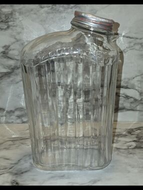 Vintage Ribbed Glass Refrigerator Water Bottle w/ Red Metal Lid c1930s